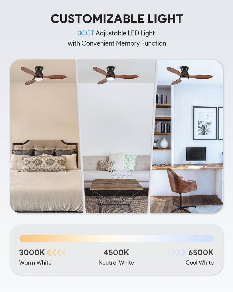 42 Inch Wood Ceiling Fan with Light and Remote - Flush Mount, 3 Solid Wood Blades, Dimmable 3-Color LED, Reversible DC Motor - Black