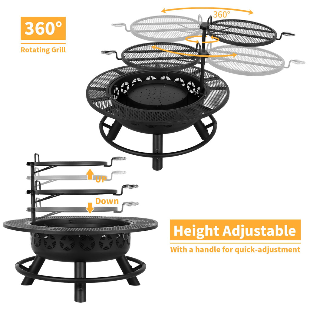 35 Inch Fire Pit with 2 Cooking Grate & Charcoal Pan, Outdoor Wood Burning BBQ Grill Firepit Bowl with Cover Lid