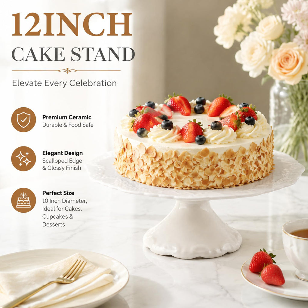 12 Inch Ceramic Cake Stand, White Pedestal Dessert Plate for 10 Inch Cakes