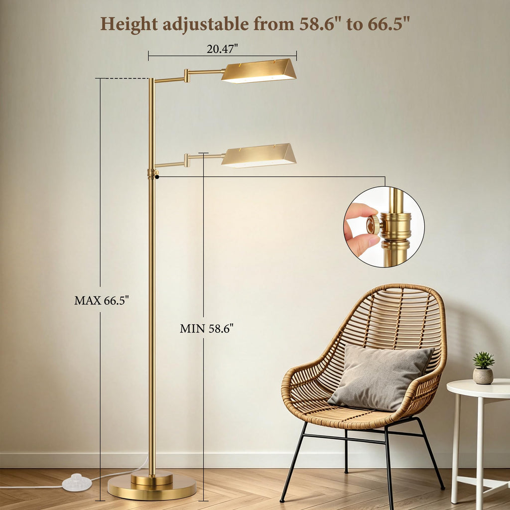 LED Floor Lamp, 12W LED Adjustable Height Pharmacy Floor Lamp 350° Swing Arms & Head, 3-Color Temperature