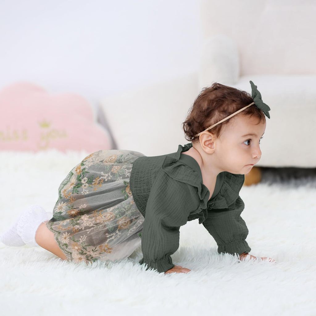 Baby Girl 1st Birthday Clothes One Year Old Tulle Romper Long Sleeve Bodysuit Cake Smash Outfits(dark