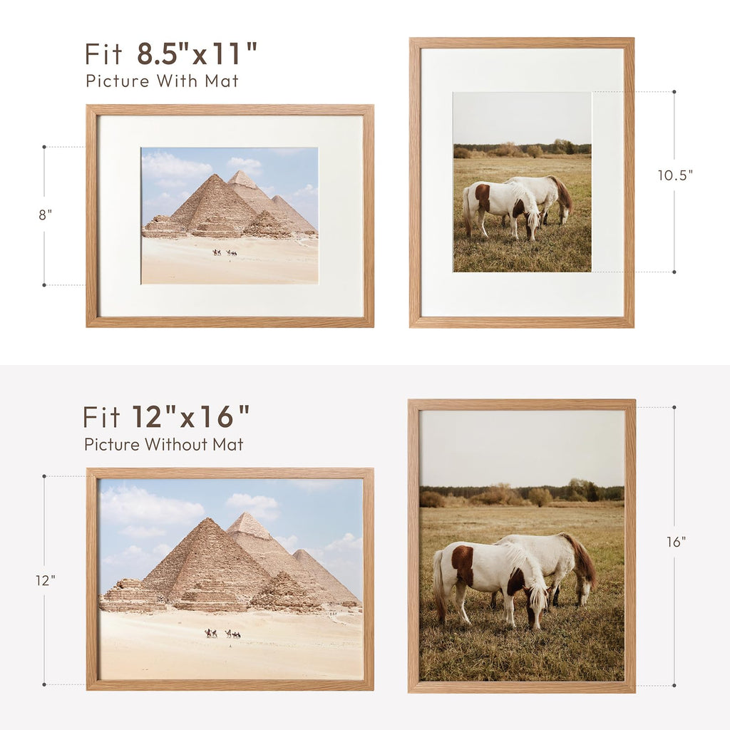 12x16 Picture Frame, Solid Oak Wood 12x16 Frames with Mat to 8.5x11