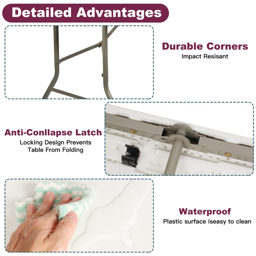 6FT Folding Table, Portable Fold-in-Half Plastic Utility Table with Carrying Handle, Heavy Duty Indoor Outdoor Dining