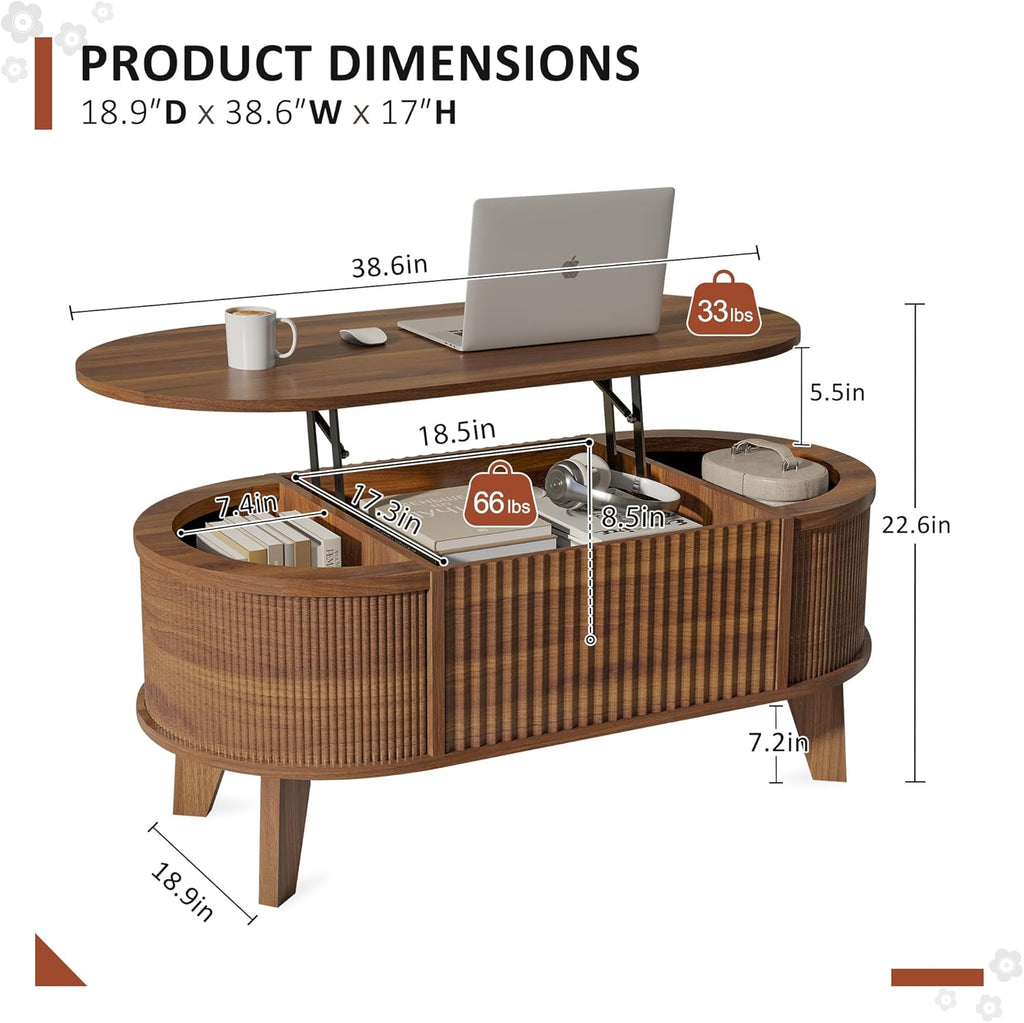 Fluted Lift Top Coffee Table with Storage,Modern Oval Coffee Table or Home Office（Walnut）