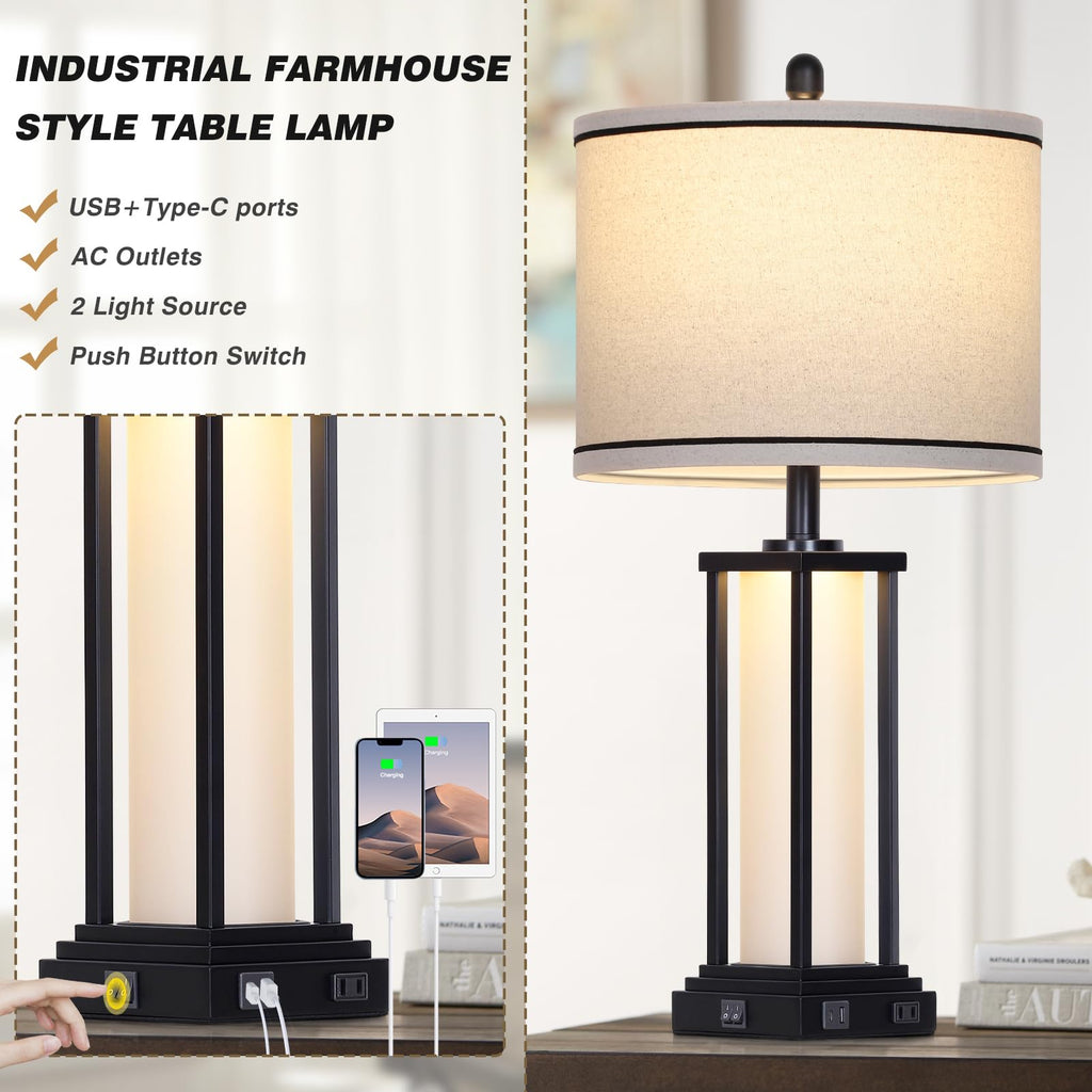 27" Tall Vintage Table Lamp Set of 2 with USB C+A & Outlet, Black Industrial End Table Lamp, Farmhouse Rustic Bedside