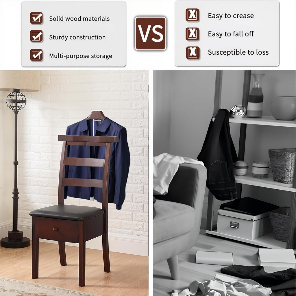 Wood Chair Valet Stand With Hanger Trouser Bar, Top Storage Tray Wardrobe, Clothing Rack Chair Valet With Cushion