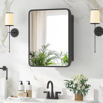 Medicine Cabinet with Mirror, 14x18 Inch Black Bathroom Mirrored Cabinet, Metal Framed Wall Cabinet with Beveled
