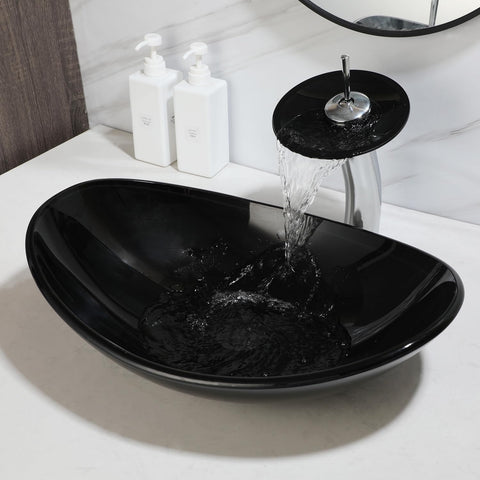 Black Oval Bathroom Vessel Sink Tempered Glass Washing Bowl Combo Above Counter Chrome Waterfall Faucet Pop Up Drain Set