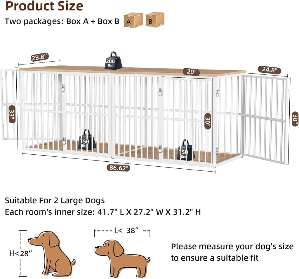 Double Dog Crate Furniture for 2 Large Dogs, White/Natural