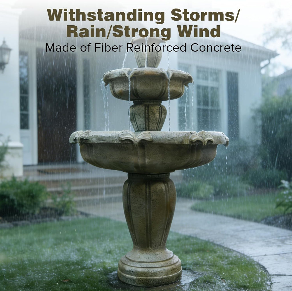 48" Water Fountain Outdoor - Large Waterfall Fountain Outside, 3-Tiers Cascading, Fiber Reinforced Concrete