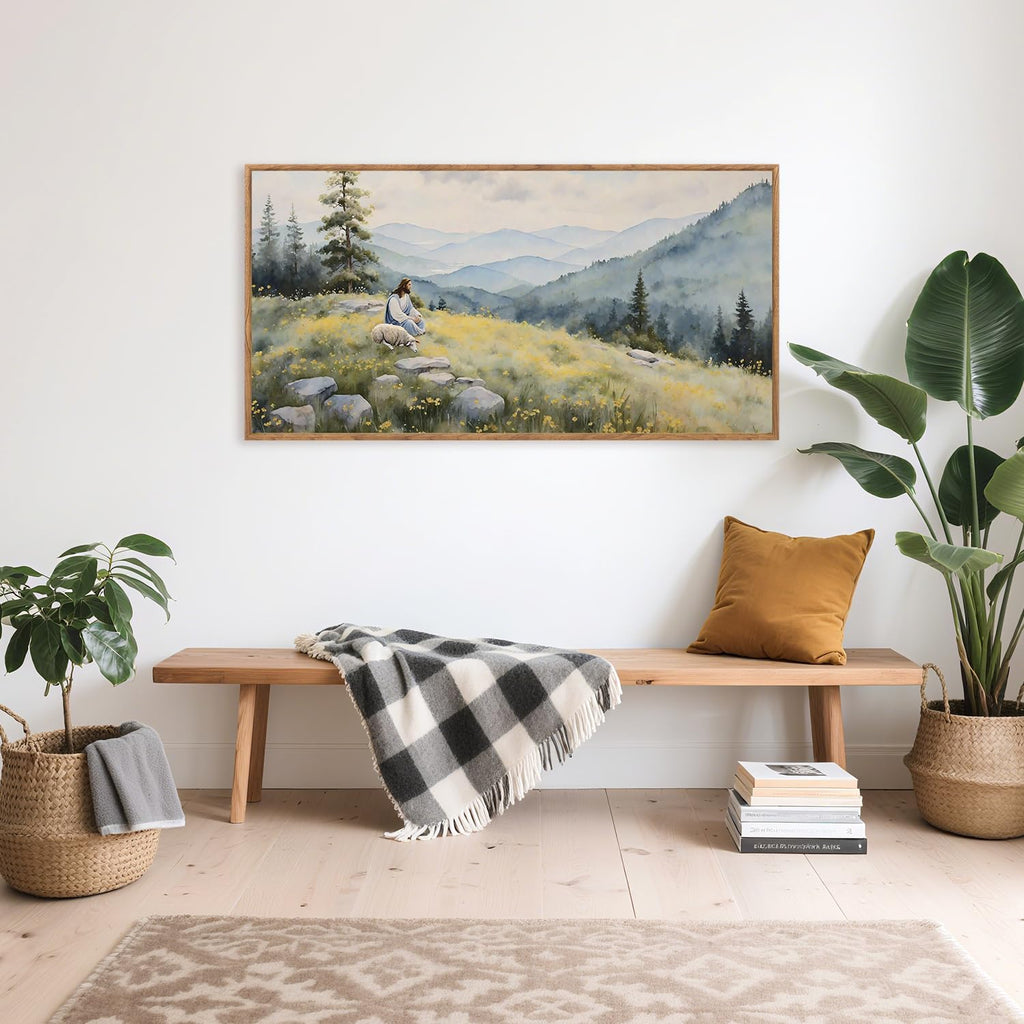 Jesus Lost Sheep Psalm 23 Framed Canvas Wall Art 40x20 Inch