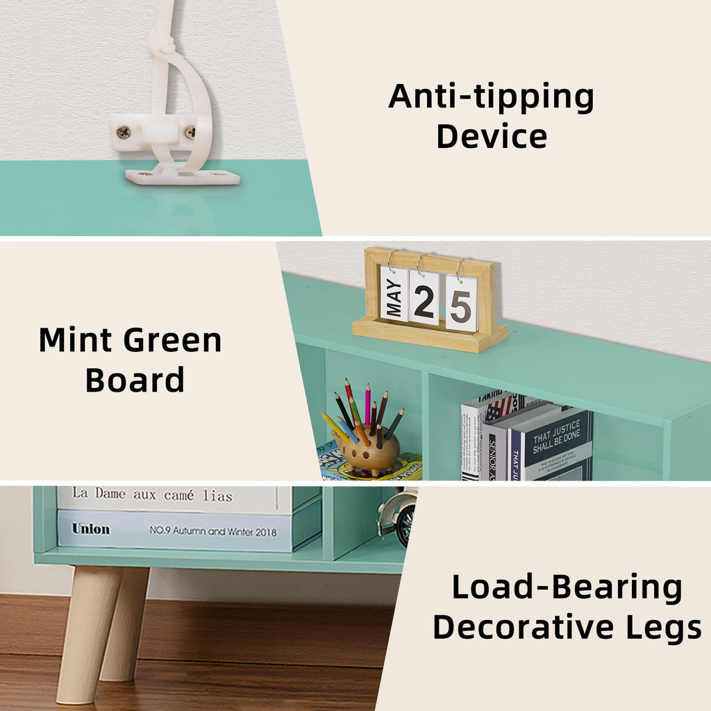 8 Cube Bookshelf, Mid-Century Modern Book Shelf with Legs, Green