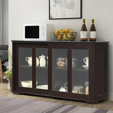 Sideboard Buffet Cabinet, Stackable Storage Coffee Bar Cabinet with Adjustable Shelf & Glass Sliding Doors, Wood