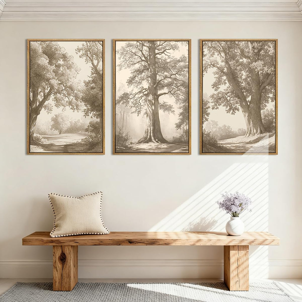Vintage Tree Canvas Wall Art Framed Rustic Tree Landscape Sketch Antique Painting Neutral Forest Wall Decor 16x24