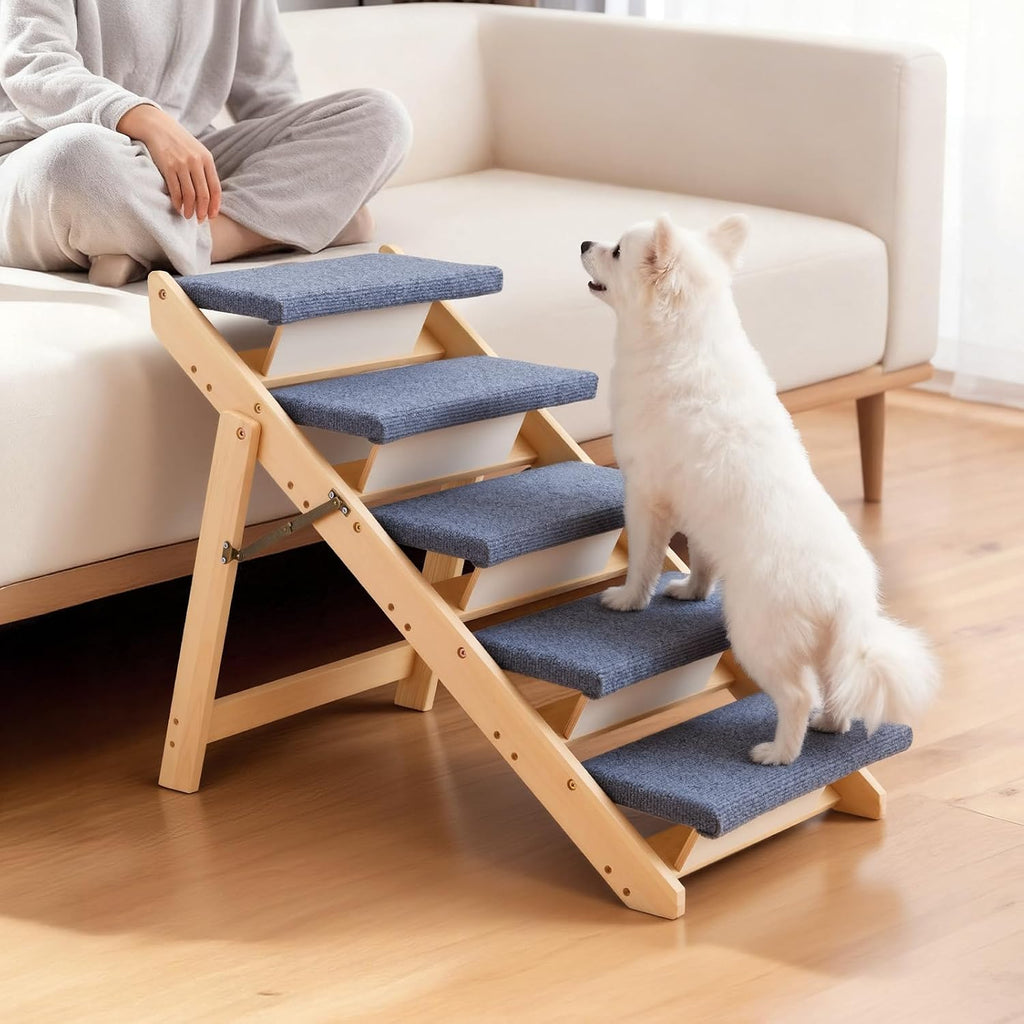 Wood Pet Stairs, 5-Step Dog Stairs for Beds, Sofa & Cars, 150lbs Load Capacity, Floded Flat Design, Stable & Sturdy