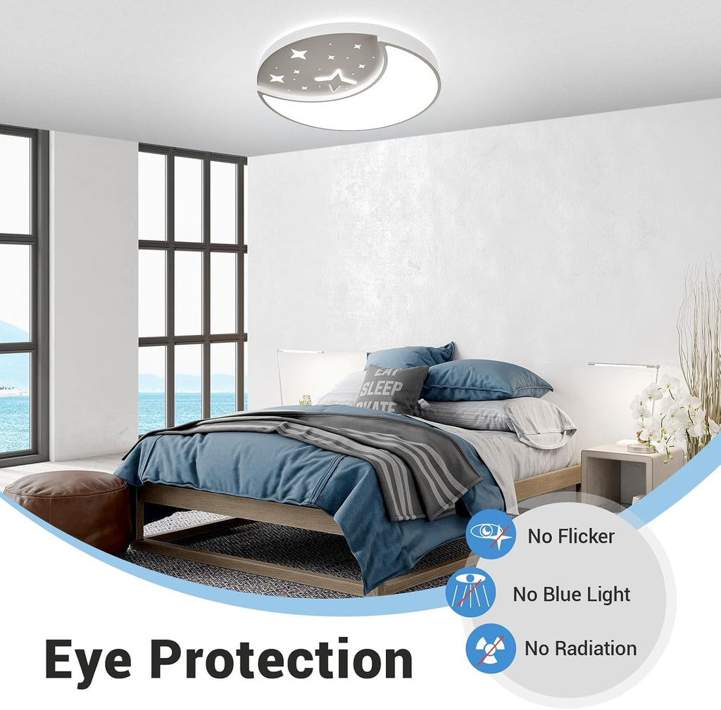 Flush Mount Ceiling Light, Modern Moon & Star Ceiling Light Fixture, 3 Color Temperature LED Bedroom Lighting