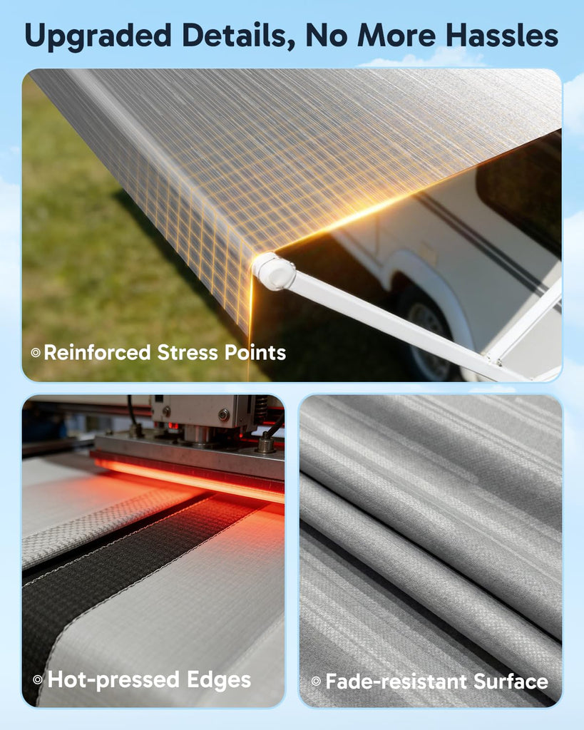 RV Awning Fabric Replacement, 19.5oz Heavy-Duty Vinyl Camper Awning, Heat-Sealed Seamless, DIY Setup, UPF 50+