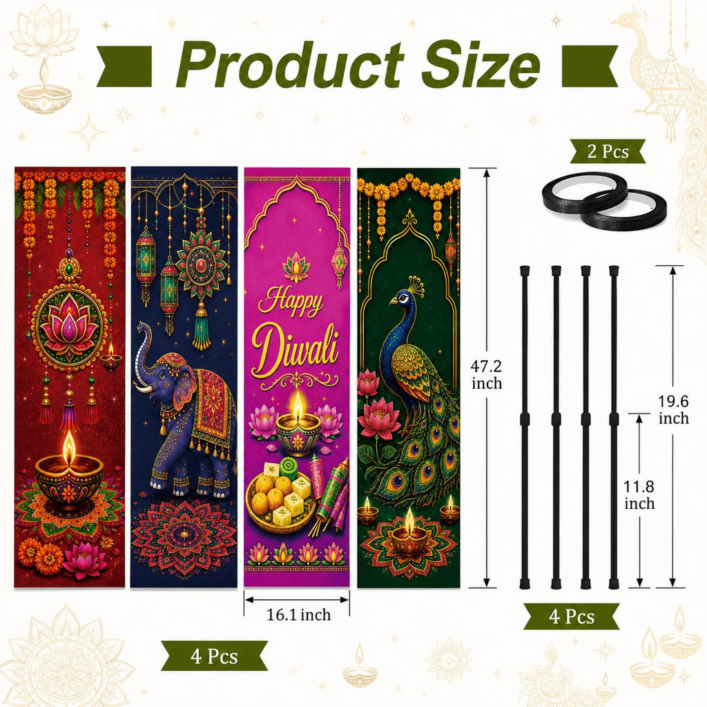4 Pcs Happy Diwali Banner Set, Diwali Door Decorations 16.1 x 47.2 Inch, Indian Festival of Lights Porch Signs with