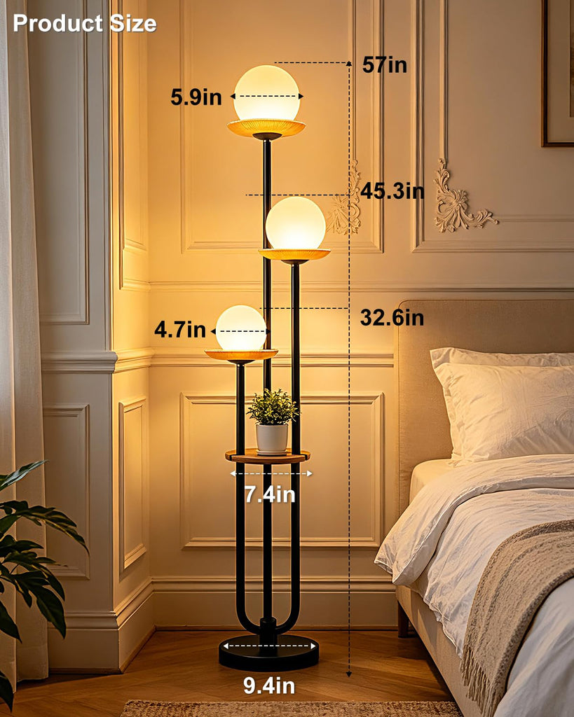 Black Floor Lamp Dimmable with Amber Glass Tray Tall Lamp