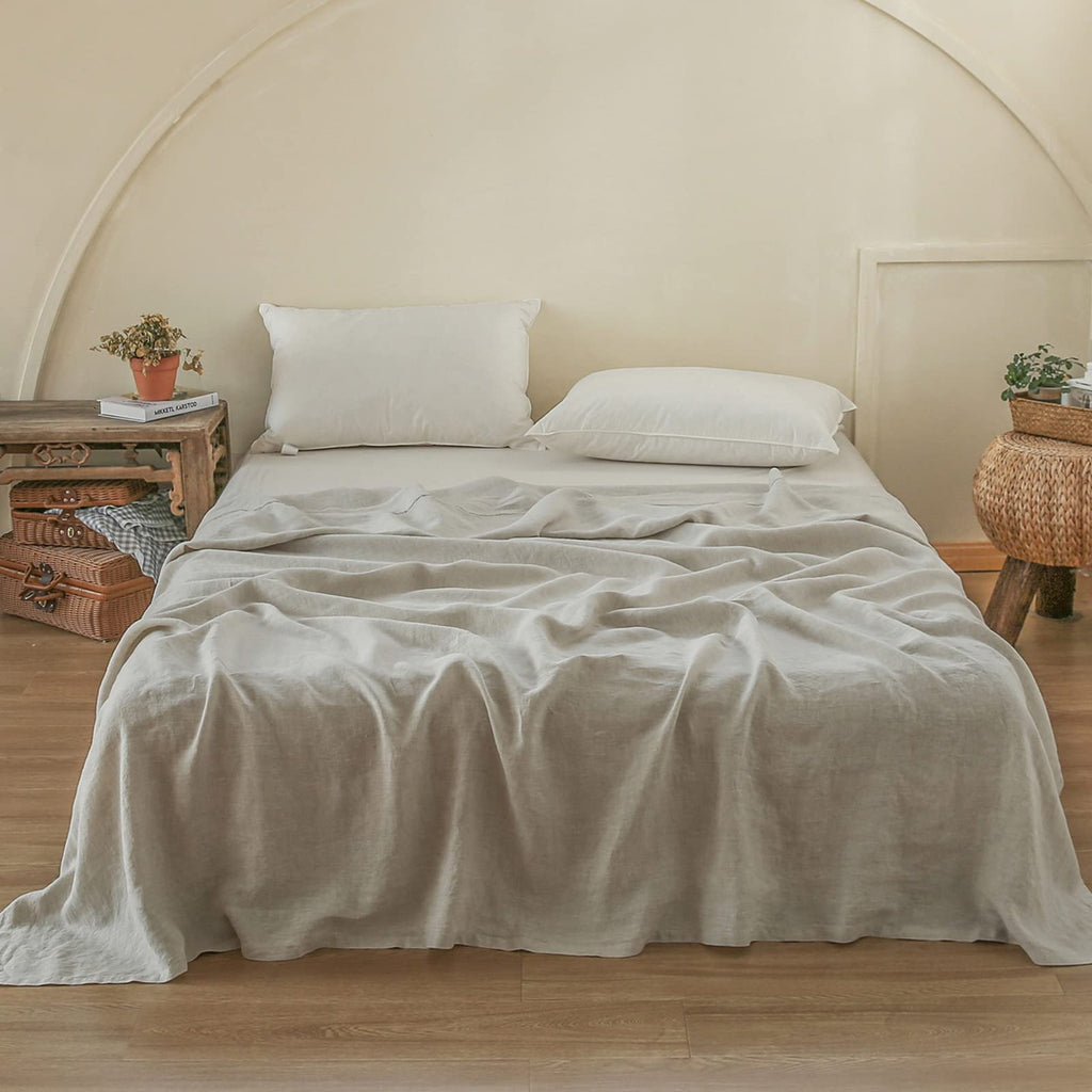 French Linen Flat Sheet with Embroidered Border-100% Stone Washed Flax Bedding, (108''x102'') Ultra