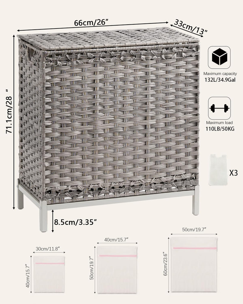 Laundry Hamper with Lid, 35 Gal 3-Bag Clothes Sorter, Gray