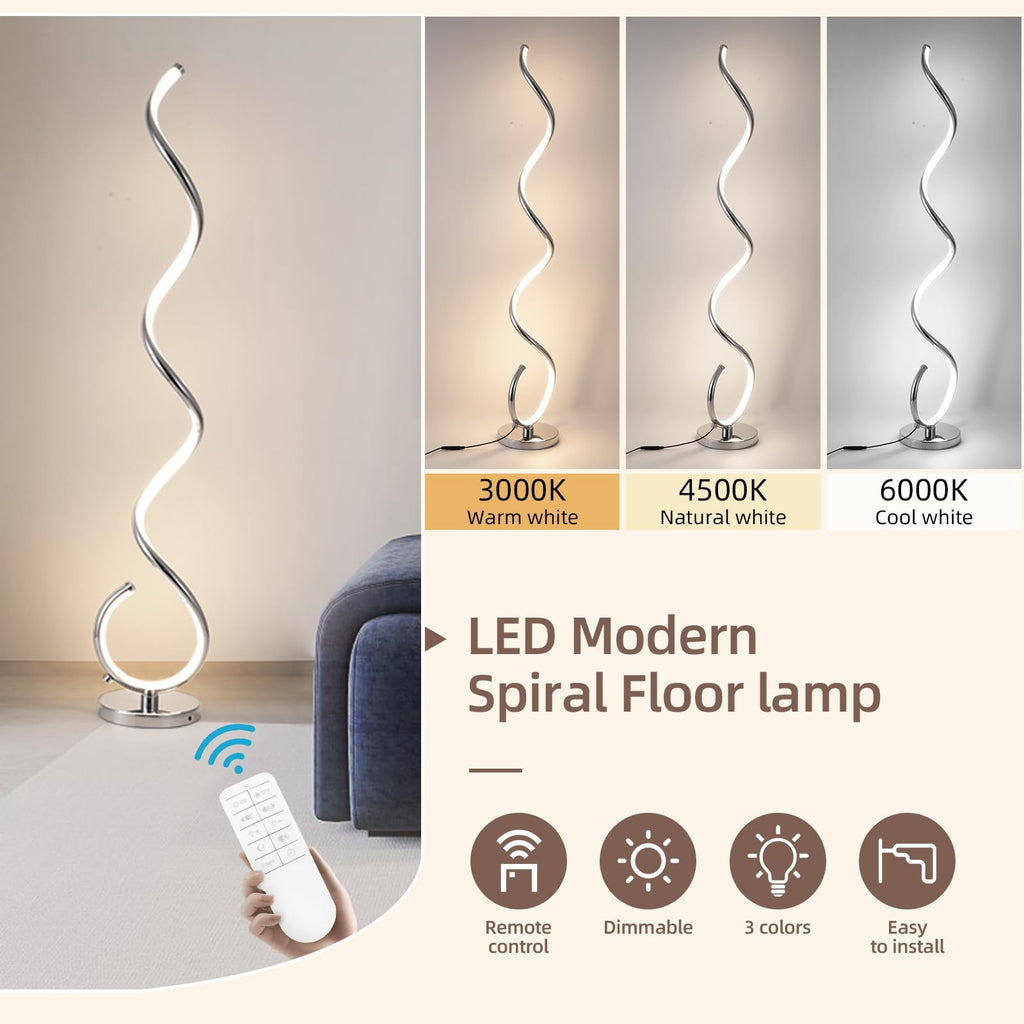 Spiral LED Floor Lamp, 40W Modern Floor Lamps with Remote Control, 3 Colors Stepless Dimmable Floor Standing Lamp