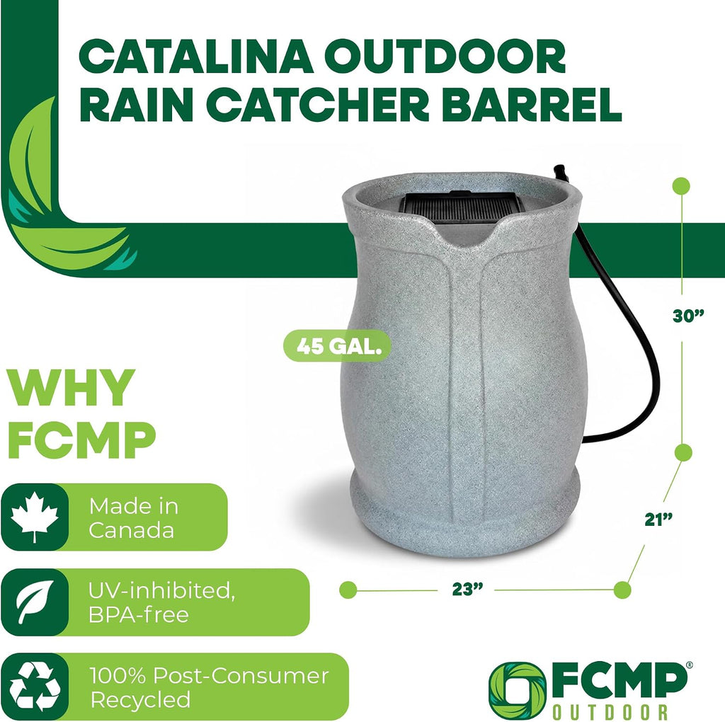 Catalina 45-Gallon Rain Barrel - BPA-Free Flat-Back Design with 3.5 Foot Garden Hose, Shut-Off Thumb Valve, and Fixed