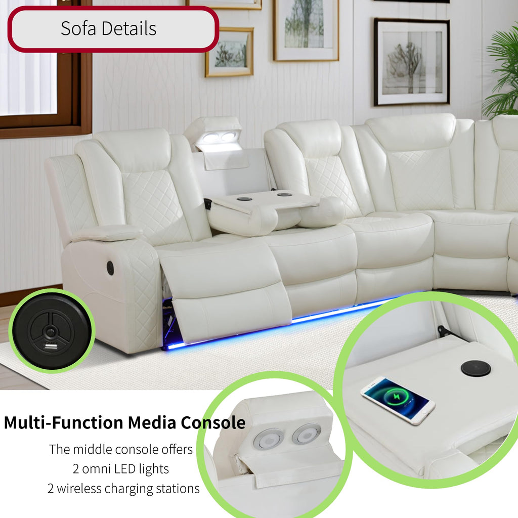 Power Recliner Sofa Sectional Sofa with LED Light, Air Leather Reclining Corner Sectional Sofa Set, Cup Holder