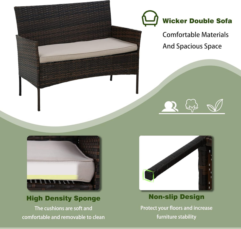 4 Pieces Patio Furniture Set Rattan Outside Furniture Wicker Sofa Garden Conversation Sets with Soft Cushion and Glass