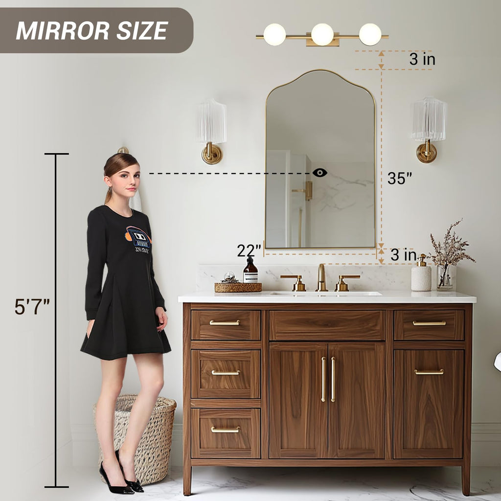 Brass Scalloped Arched Wall Mirror, 22x35 Brushed Gold Irregular Bathroom Mirror with Curved Design for Vanity