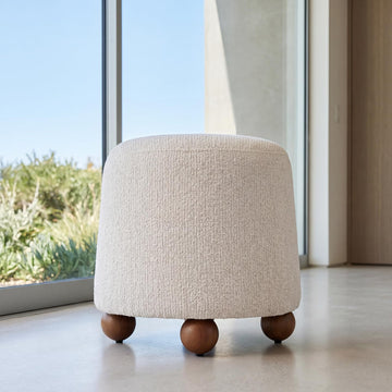 Round Ottoman Linen Foot Stool with Rubberwood Legs