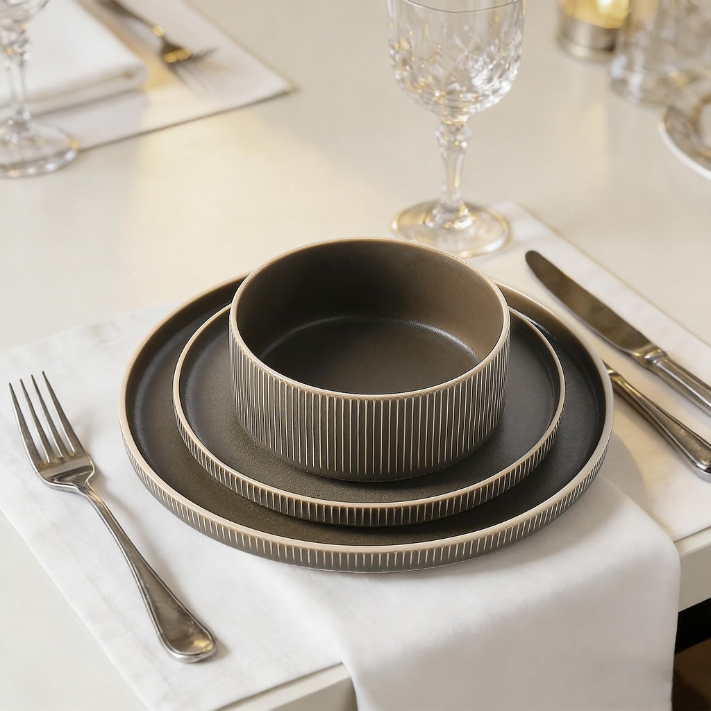 Stoneware Dinnerware Sets for 4, 12Pcs Plates and Bowls Set, Matte Green