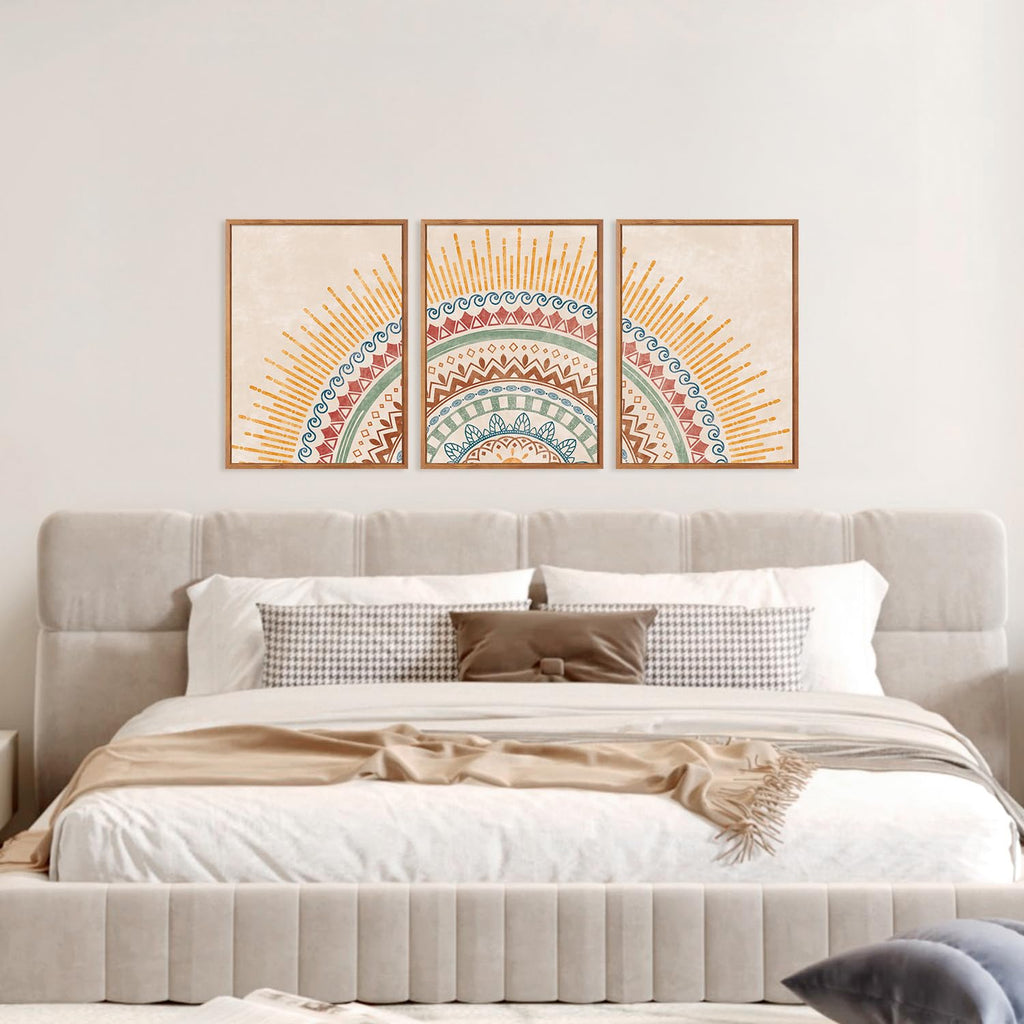 Boho Sun Framed Canvas Wall Art Set, (Set of 3, 12X16 Inch) Mid-Century Modern Wall Decor, Minimalism Bohemian Wall