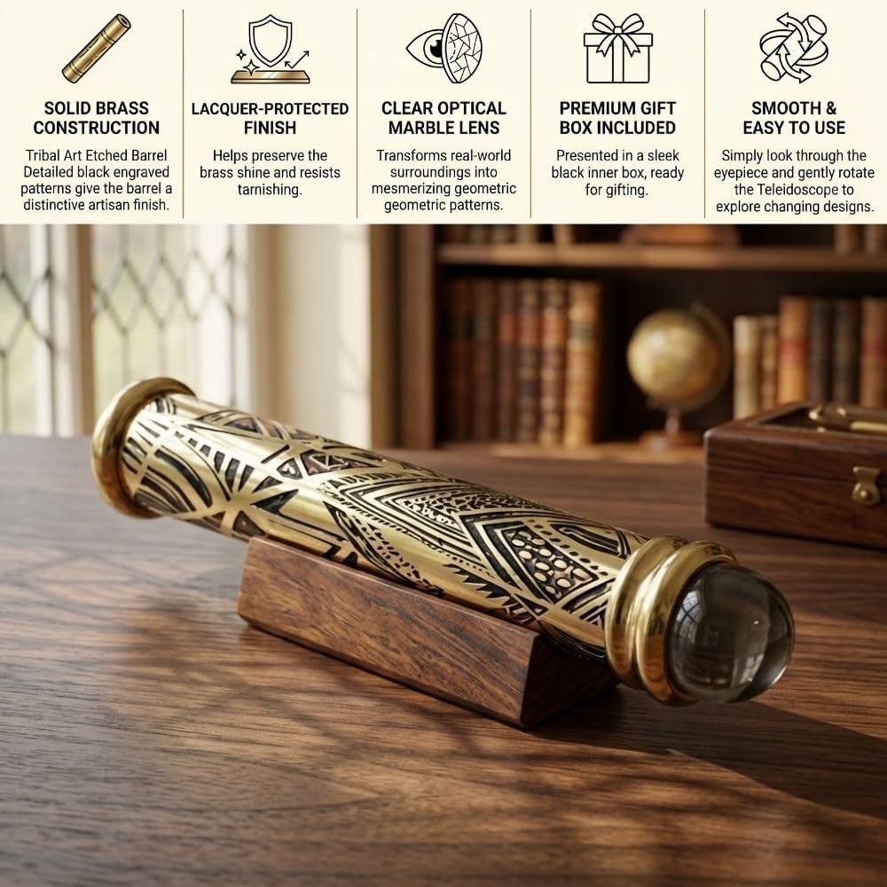 Brass Teleidoscope with Tribal Art Etched Barrel - Polished Lacquer-Coated, Front Surface Mirror, Crystal Ball Lens