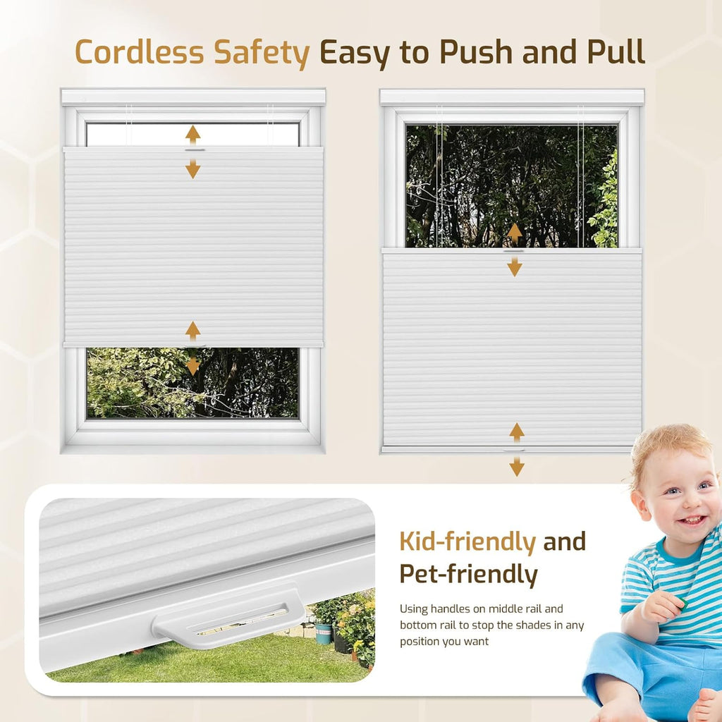 No Drill Top Down Bottom Up Cellular Shades Blackout, | 1.5" Large Cell Honeycomb Design with Thermal Insulation