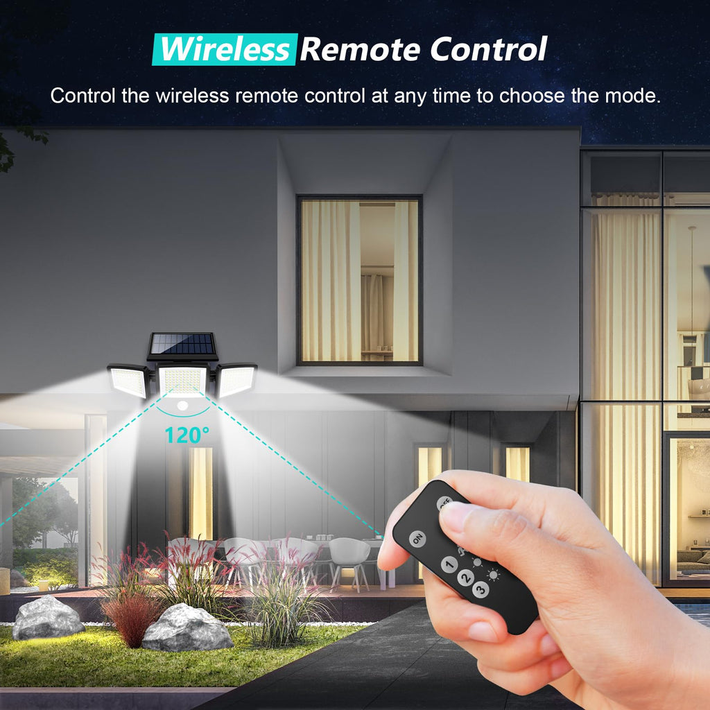 Solar Outdoor Lights 210 LED Security Lights with Remote Control, 3 Heads Motion Sensor Lights, IP65