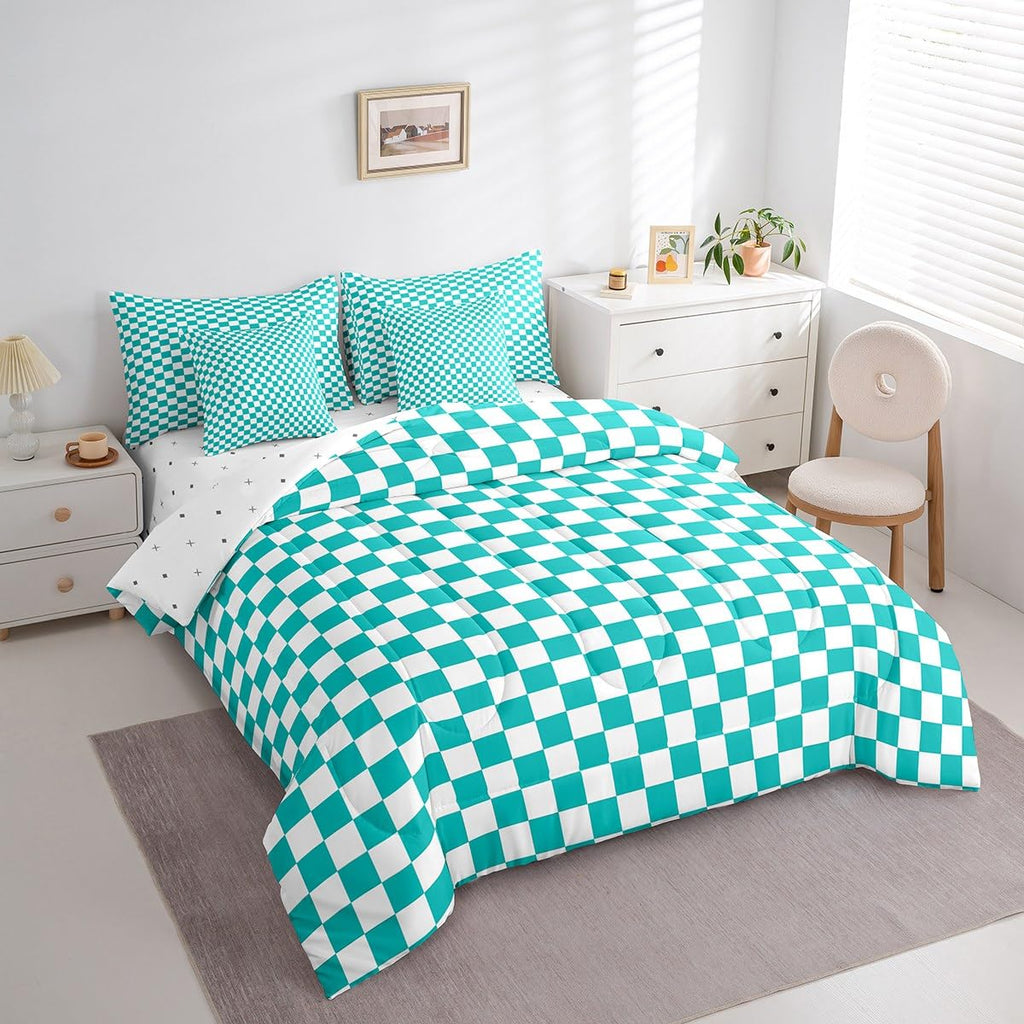 Teal Checkered Comforter Set with Sheets 7 Piece