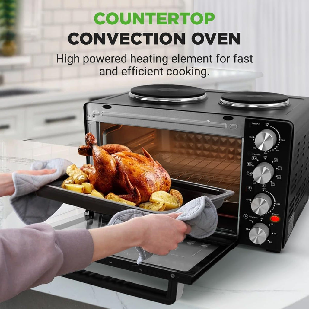 30 Quart Kitchen Convection Oven & 2 Burner Cooker - 1500 Watt Oven - 7 Cook Functions Rotisserie, Cook, Bake, Broil &