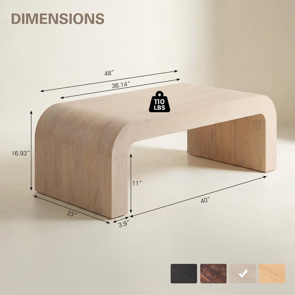 48" Modern Curved Coffee Table, Wood Minimalist Center Table, Cream