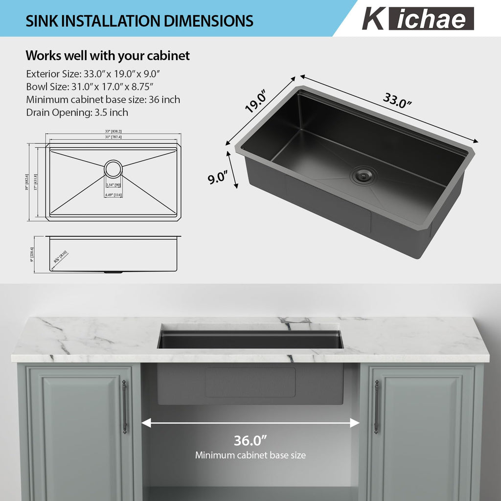 33 Black Undermount - 33x19 Undermount Ledge Workstation 16Gauge Stainless Steel Gunmetal Black Deep Handmade Single