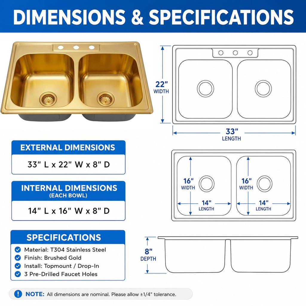 33x22 Gold Drop Sink, T304 Stainless Steel Double Sink
