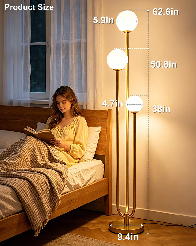 63IN Gold Floor Lamp Dimmable 3-Lights Globe LED Floor Lamps with 3000K Soft Warm White for Wedding/Party Tall Lamp
