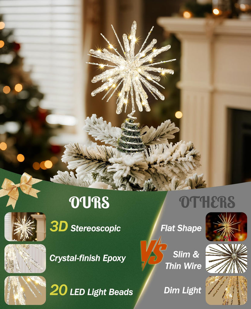 Christmas Tree Topper, Starburst Crystal Lighted Tree Star, Silver