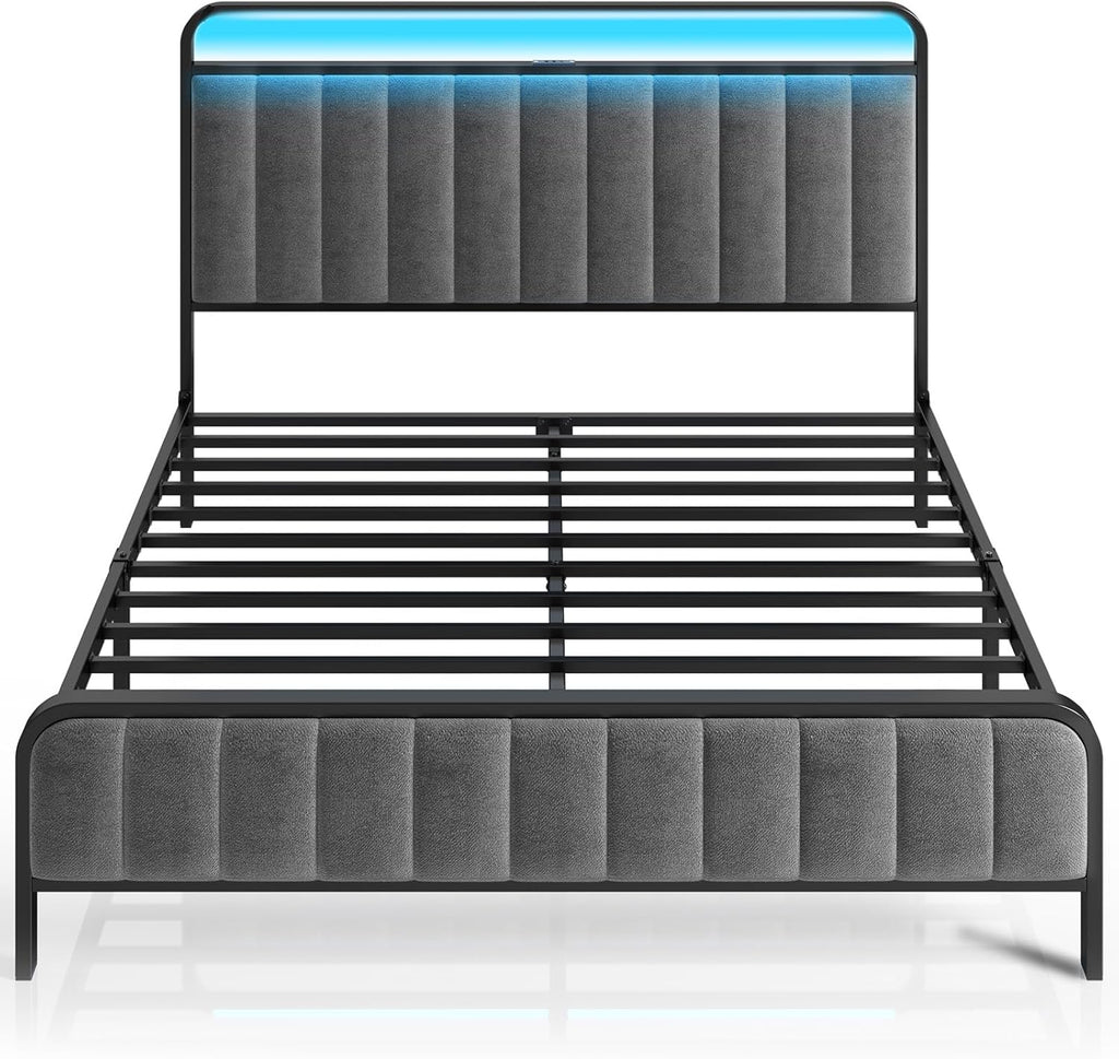 Full Bed Frame with LED Light and Charging Station, Upholstered Headboard and Footboard, Metal Slat, Noise Free