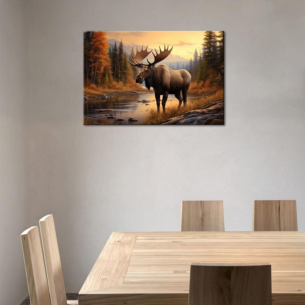 Nature Moose Wall Art Landscape Moose in the River Wall Decor Print Painting Wilderness Animal Retro Poster Home
