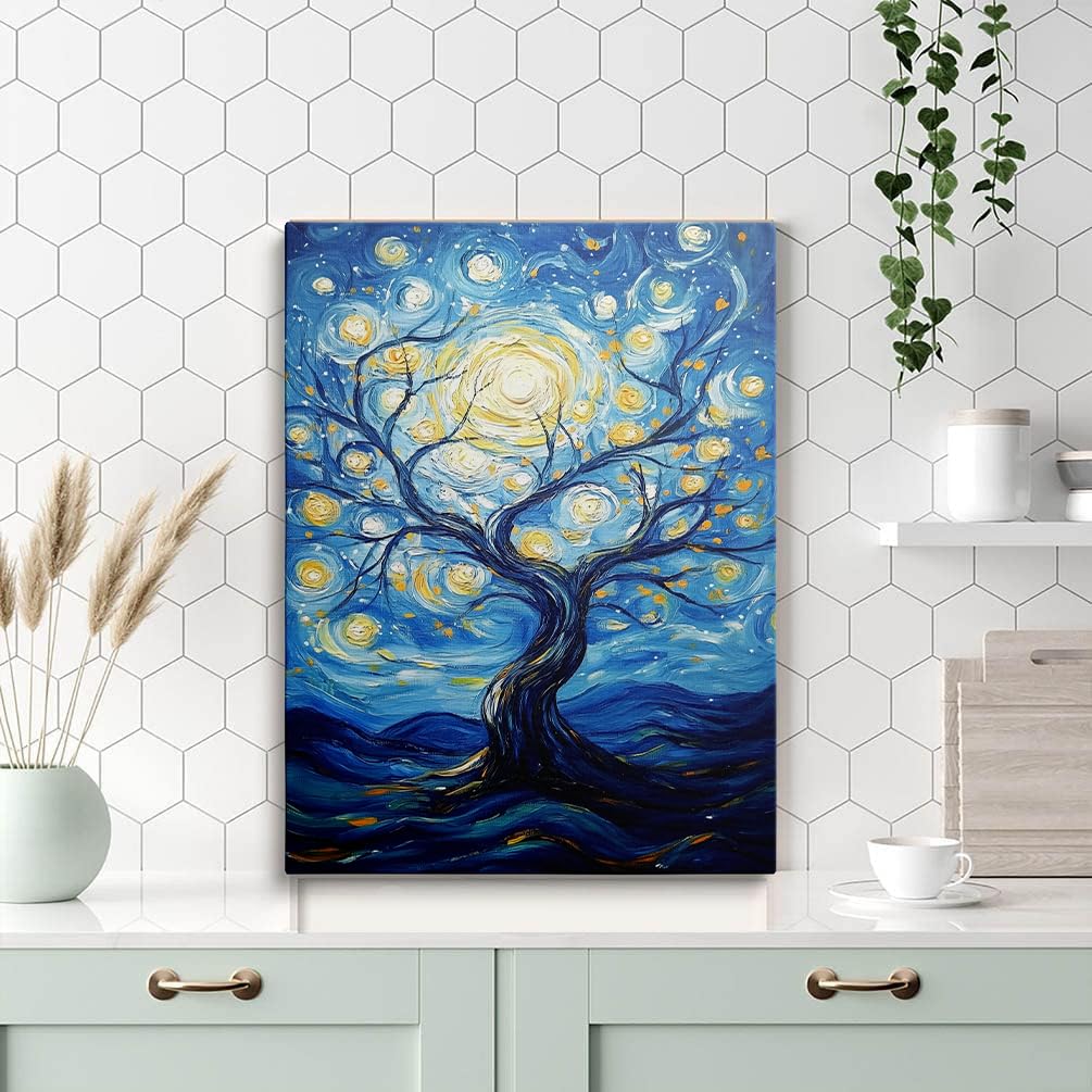 Framed Van Gogh Canvas Wall Art Set, Colorful Abstract Tree of Life & Starry Night Paintings, Boho Wall Decor, Blue