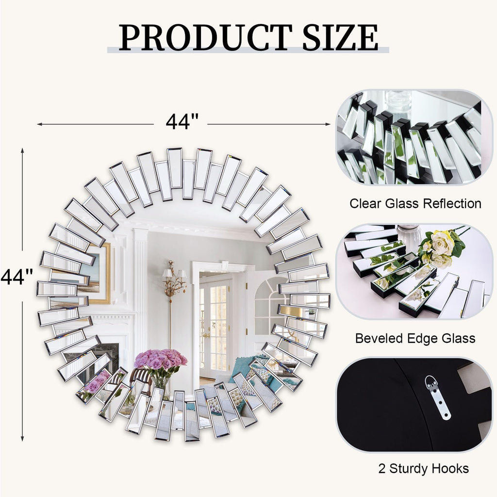 Round Mirrors for Decor, 44'' Large Decorative Wall Mirror with 3D Frame Beveled Glass, Frameless Circle Mirror