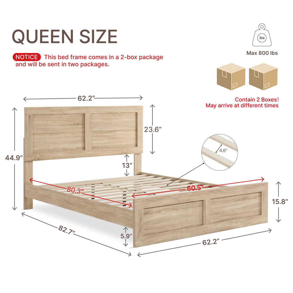 Wood Bed Frame with Headboard and Footboard, Natural, Queen