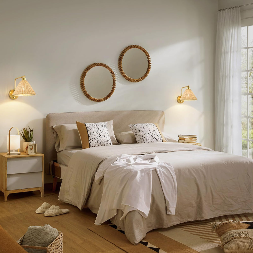 Plug in Wall Sconces Set of 2, Rattan Wall Lamps with Cord and Dimmer Switch, Gold Swing Arm Wall Mounted Bedside