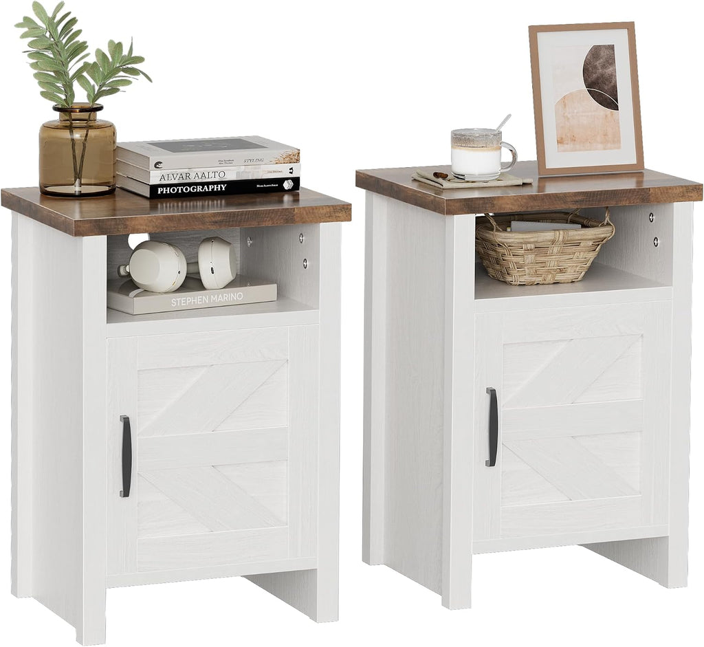 Farmhouse Modern Nightstand with Shelf and Barn Door, Set of 2 , White